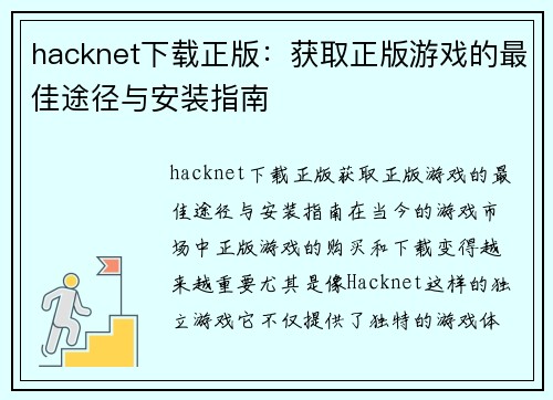 hacknet下载正版：获取正版游戏的最佳途径与安装指南
